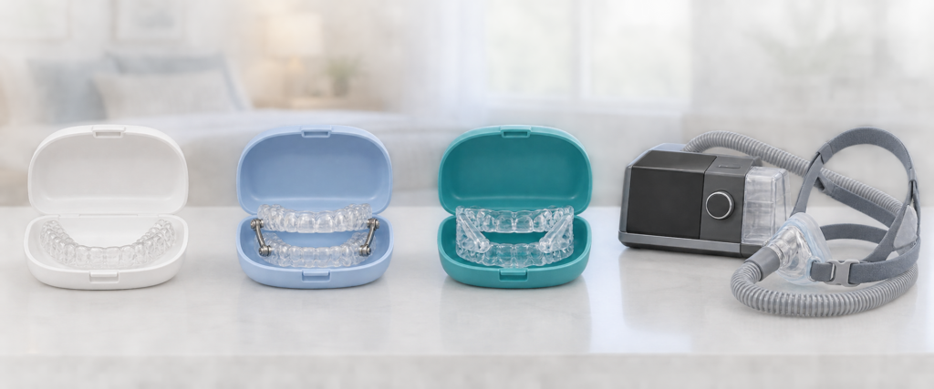 Clear night guard, two styles of oral sleep appliances including a mandibular advancement device, and a CPAP machine with mask arranged side by side.